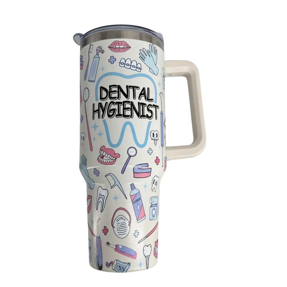 Dental Hygienist Tumbler 40oz White Stainless Steel Insulated Handle Toothfairy